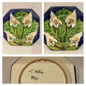 Vintage White Calla Lilies Mexican Talavera Octagon Blue Plate 10 1/2”